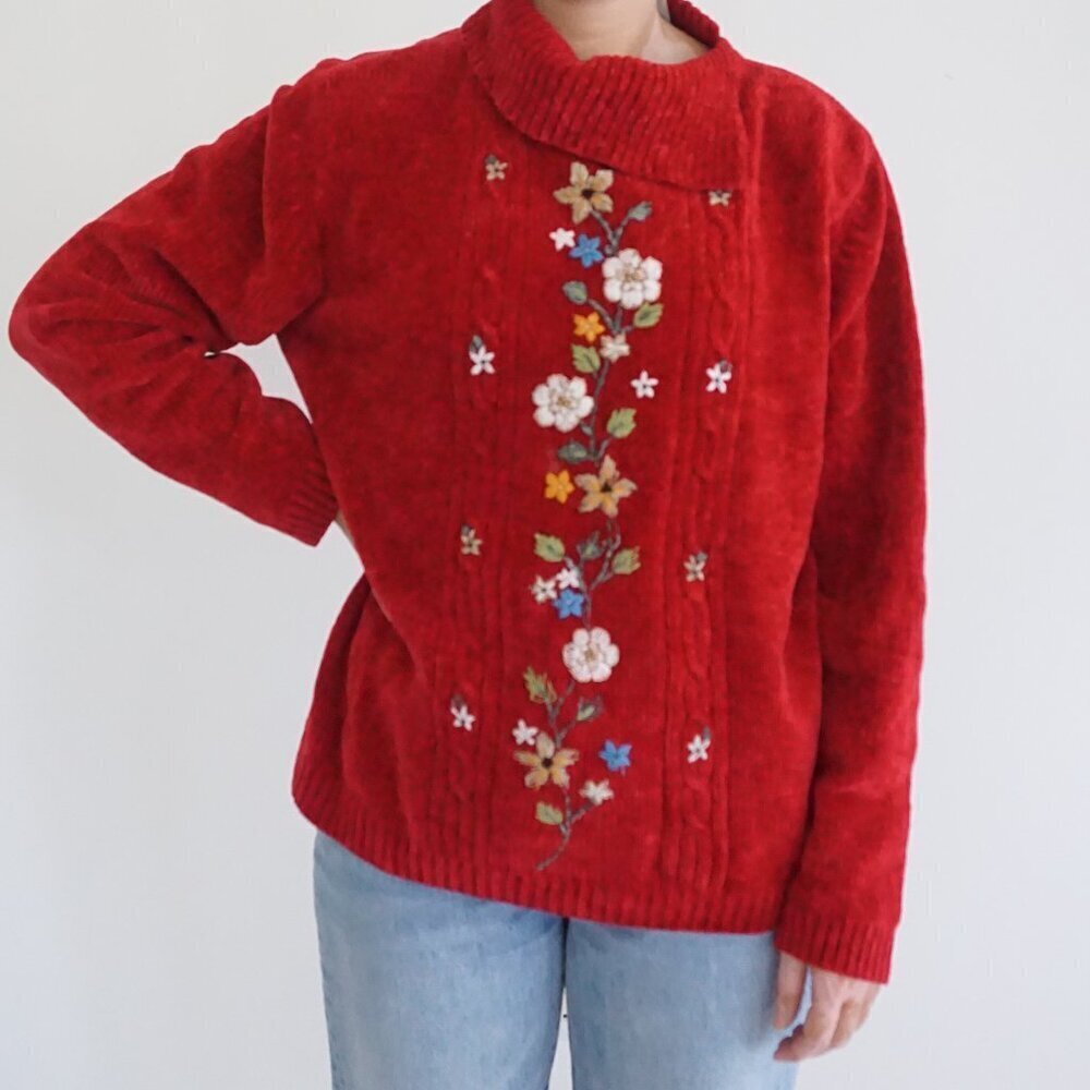 Vintage Alfred Dunner Red Floral Embroidered Chenille Knit Sweater Grandmacore L